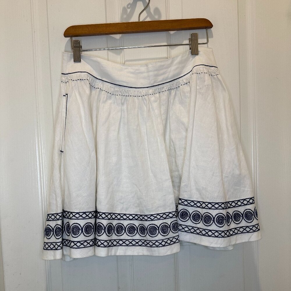 See by Chloe White Linen Skirt w/Blue Embroidery with Pockets Size 2